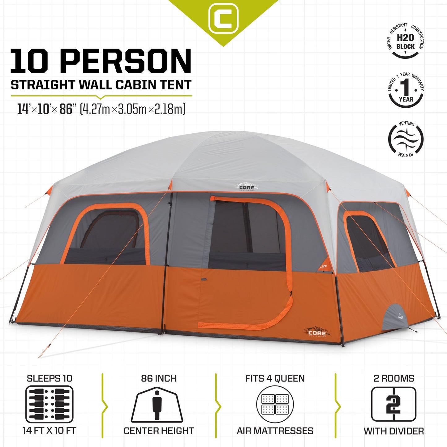 10 Person Straight Wall Cabin Tent 14' x 10'