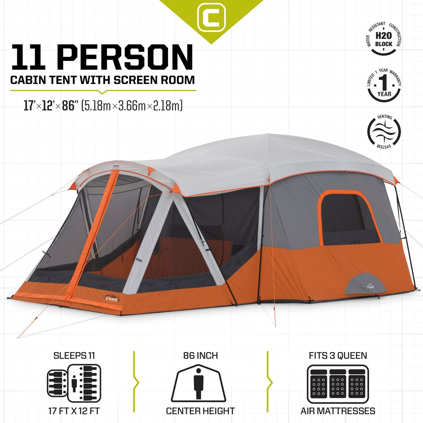 11 Person Cabin Tent with Screen Room 17' x 12'