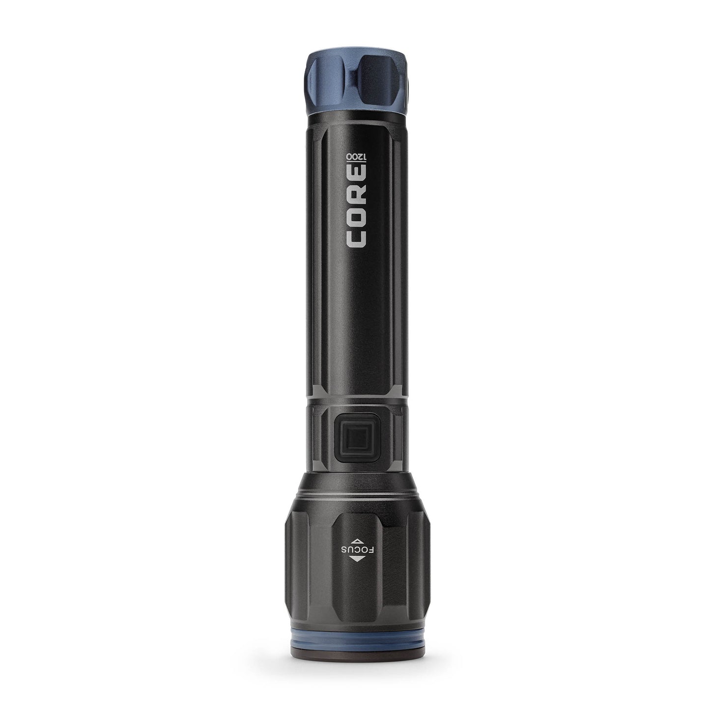 Dark gray CORE 1200 lumen flashlights with blue accents standing up.