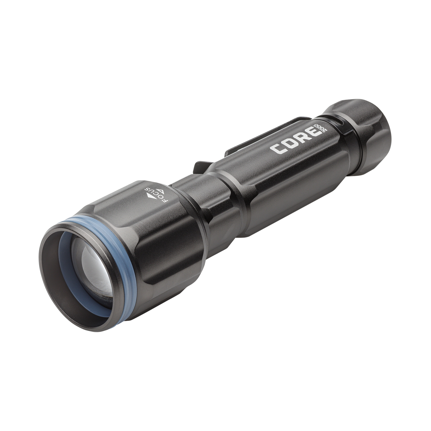 Dark gray CORE 2000 lumen rechargeable flashlights with blue accents.