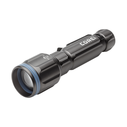 Dark gray CORE 2000 lumen rechargeable flashlights with blue accents.