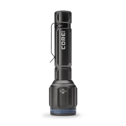 Dark gray CORE 2000 lumen rechargeable flashlights with blue accents standing up. 
