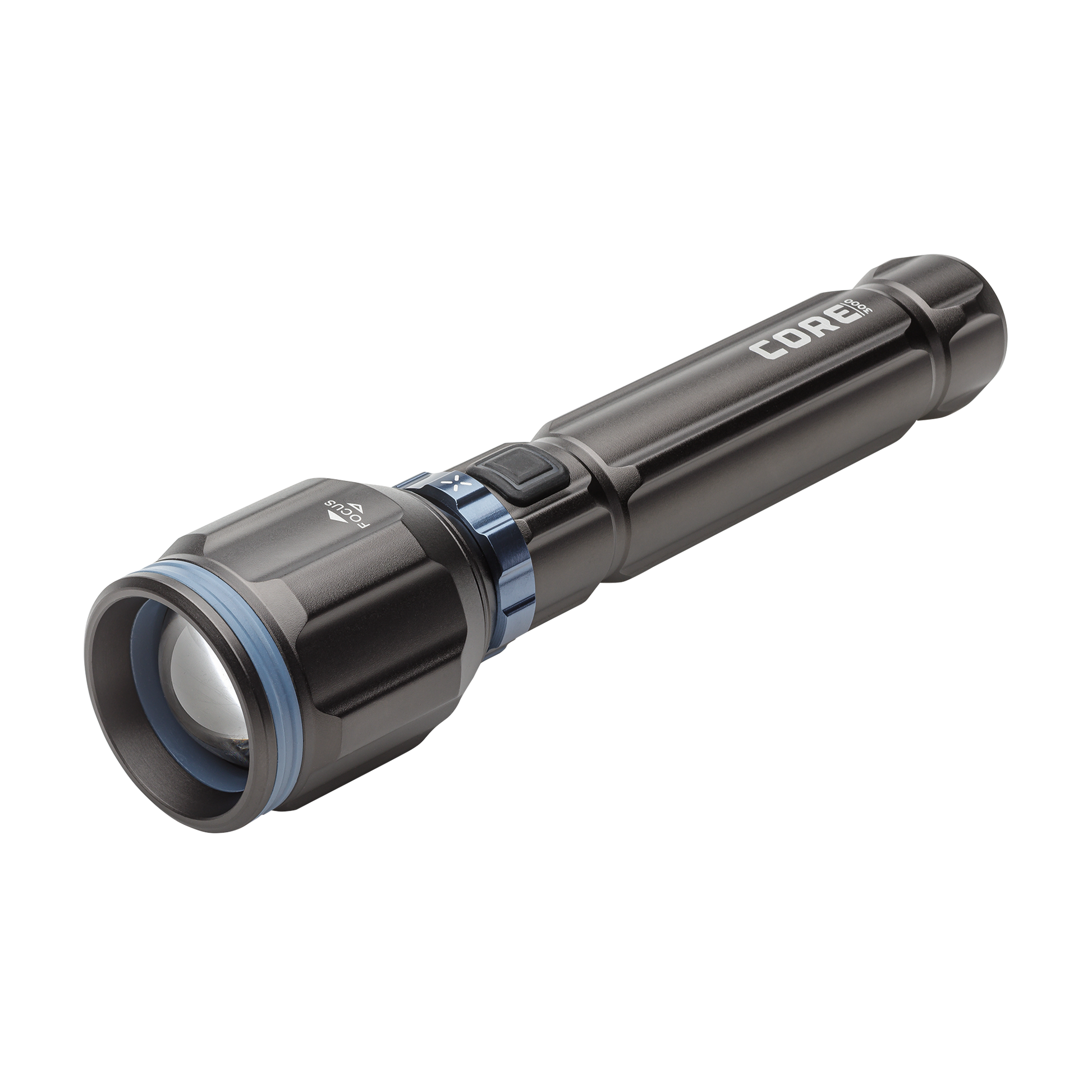 Dark gray CORE 3000 lumen rechargeable flashlights with blue accents.