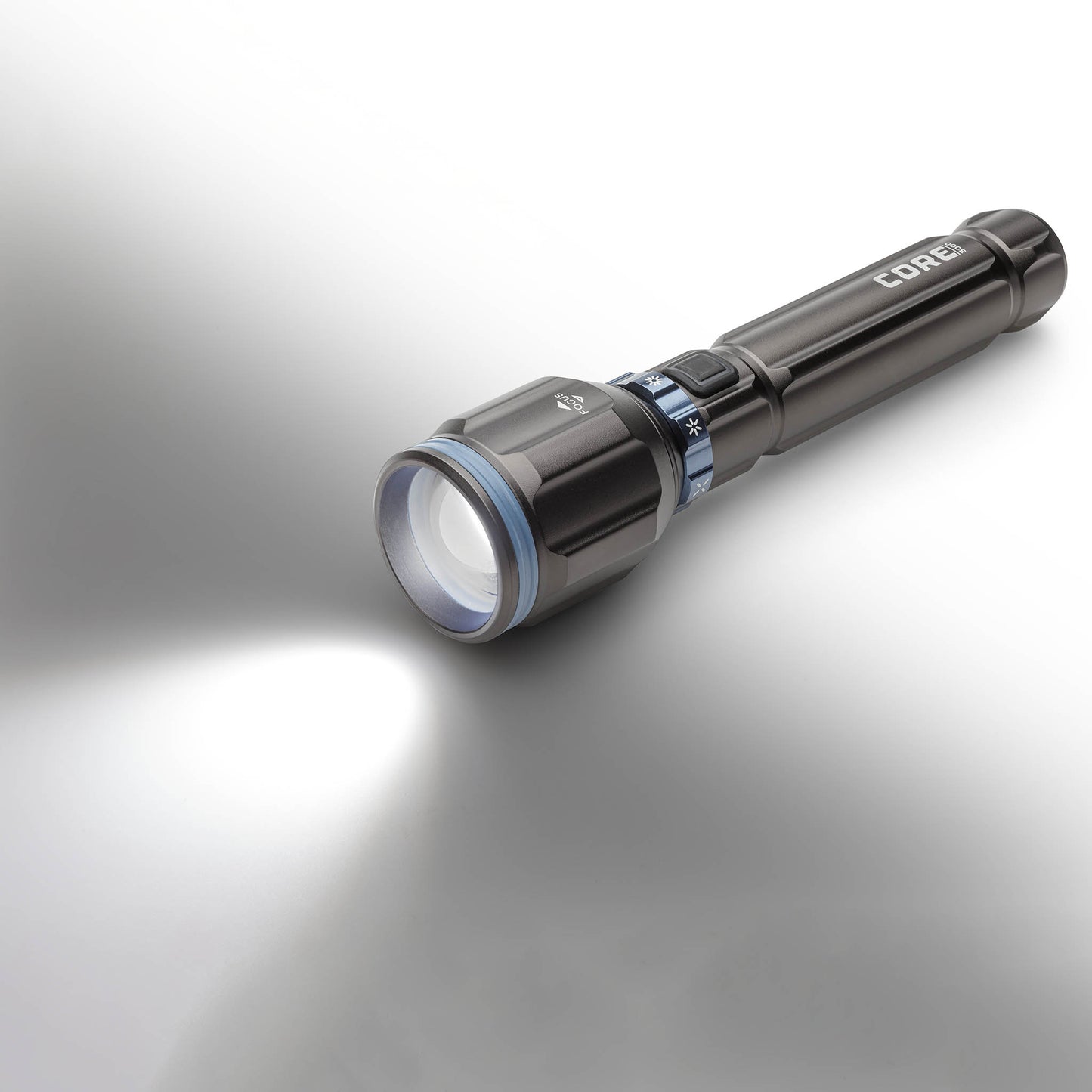 Dark gray CORE 3000 lumen rechargeable flashlights with blue accents, turned on. 