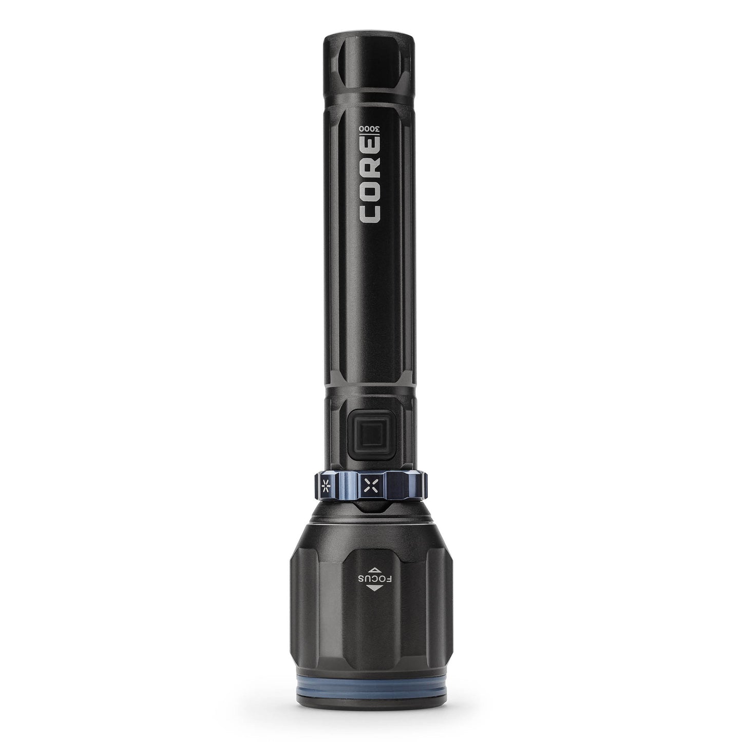 Dark gray CORE 3000 lumen rechargeable flashlights with blue accents standing up. 