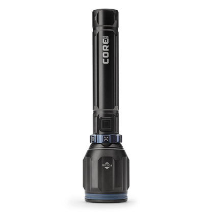 Dark gray CORE 3000 lumen rechargeable flashlights with blue accents standing up. 