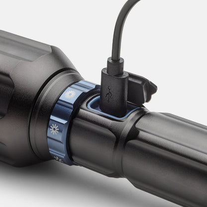 5000 lumen rechargeable flashlight charger port with USB-C cable. 