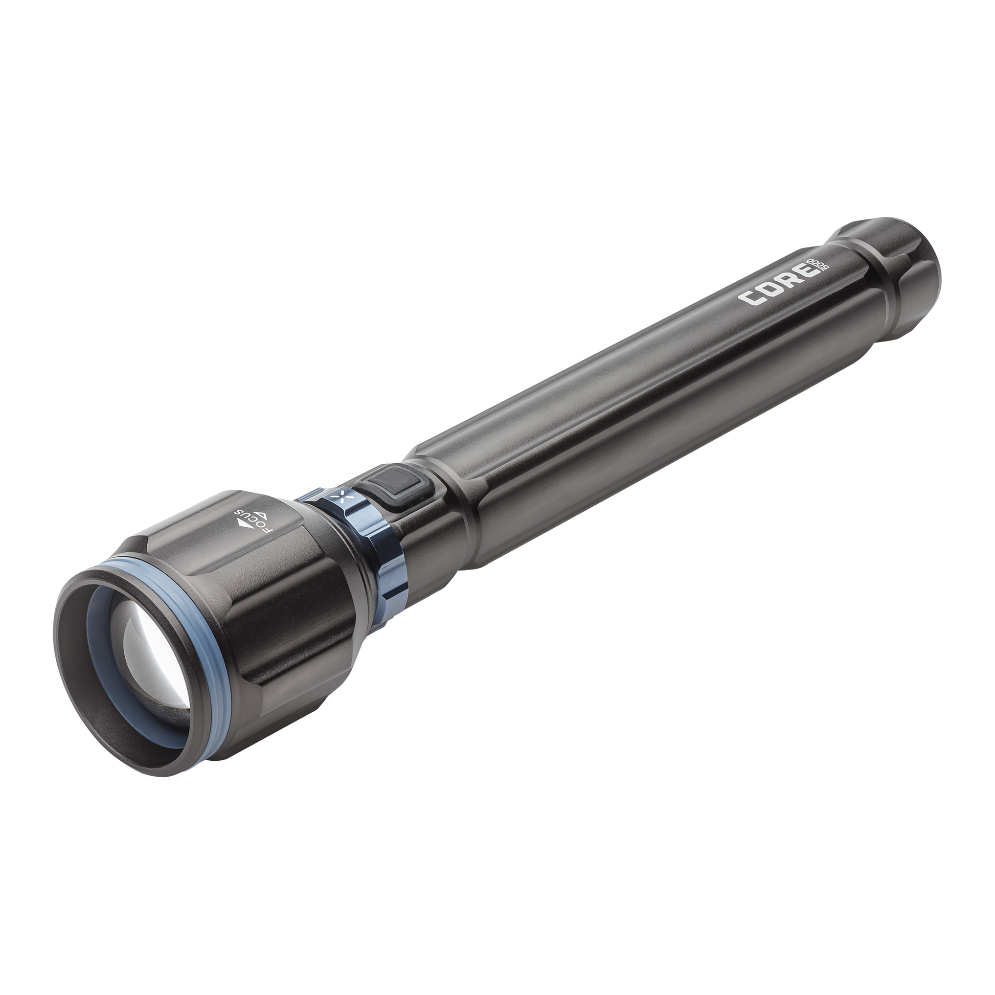 Dark gray CORE 5000 lumen rechargeable flashlights with blue accents.