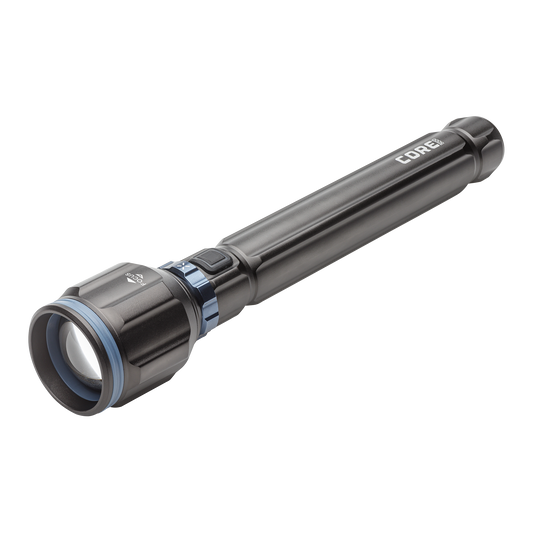 Dark gray CORE 5000 lumen rechargeable flashlights with blue accents.