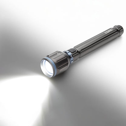 Dark gray CORE 5000 lumen rechargeable flashlights with blue accents turned on. 