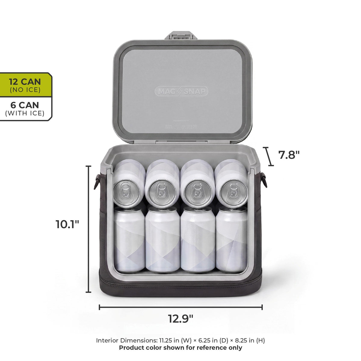Open CORE 12-can cooler shown filled with cans, highlighting 12-can capacity without ice, 6-can capacity with ice, and product dimensions.