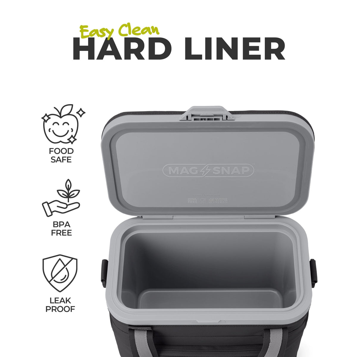 Open CORE cooler showing an easy-clean hard liner with food-safe, BPA-free, and leak-proof features.