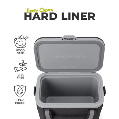Open CORE cooler showing an easy-clean hard liner with food-safe, BPA-free, and leak-proof features.