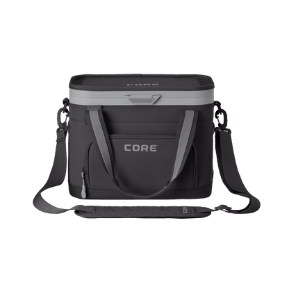 CORE Flipback 12 can cooler front view in charcoal with a shoulder strap.[color:charcoal]