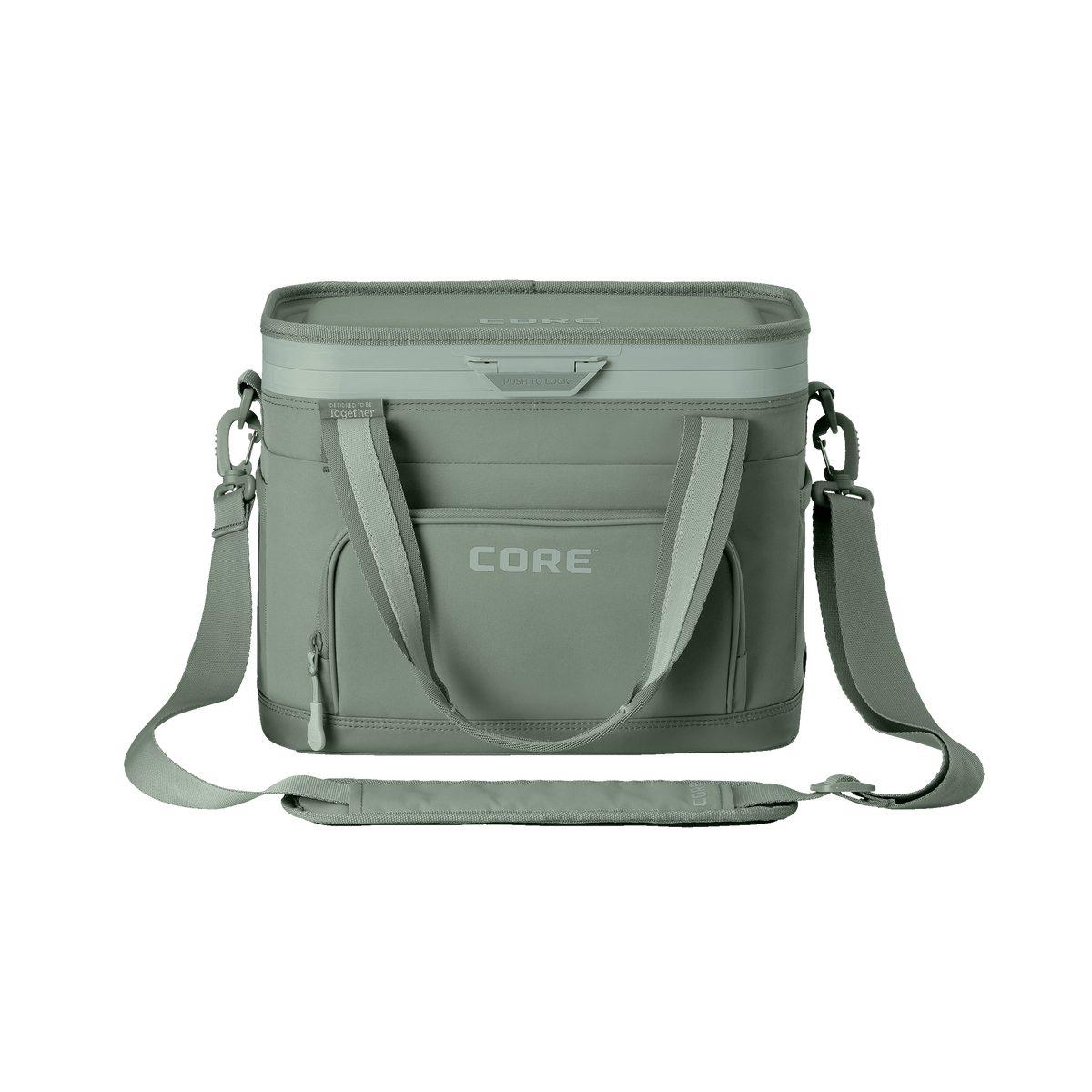 CORE Flipback 12 can cooler front view in sage with a shoulder strap.[[color:sage][hero]