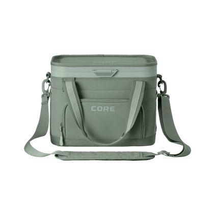CORE Flipback 12 can cooler front view in sage with a shoulder strap.[[color:sage][hero]