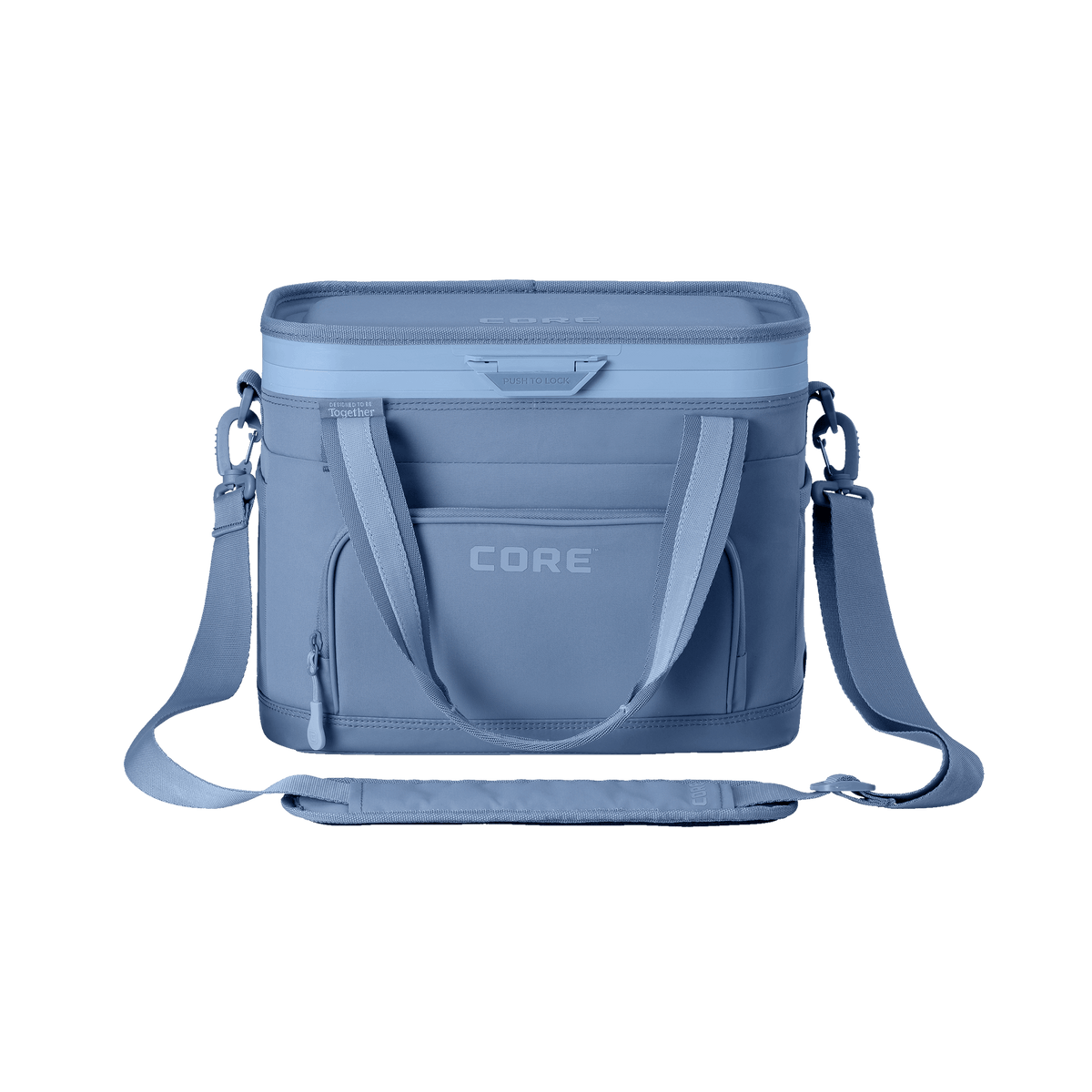CORE Flipback 24 can cooler front view in charcoal with a shoulder strap.[color:steel blue]