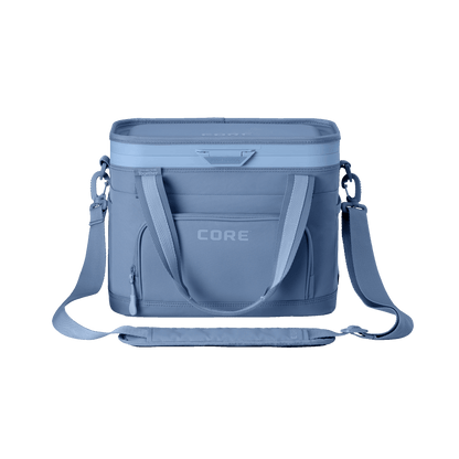 CORE Flipback 24 can cooler front view in charcoal with a shoulder strap.[color:steel blue]