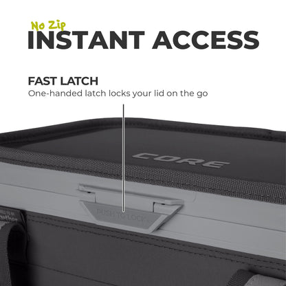 Close up of fast latch lid on Flipback charcoal 12 can cooler. 