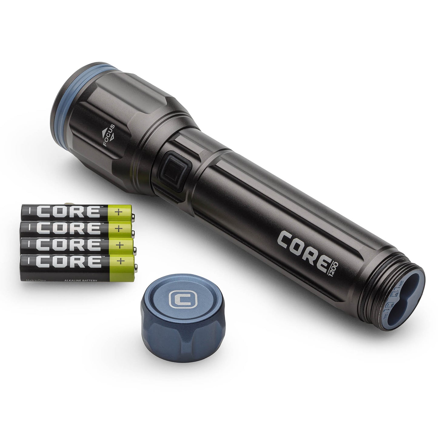 CORE AAA flashlight featuring impact resistance up to 1 meter, IPX4 waterproof rating, and adjustable focus beam.