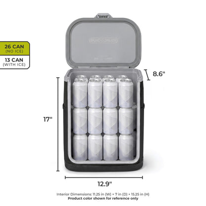Open CORE 26-can cooler shown filled with cans, highlighting 26-can capacity without ice, 13-can capacity with ice, and product dimensions.