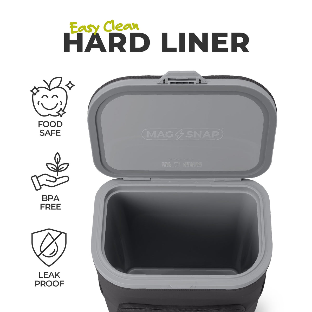 A gray and black Magsnap hard liner cooler shown open on a white background, with marketing text reading 'Easy Clean HARD LINER' and icons for food safe, BPA free, and leak proof. [color:charcoal]