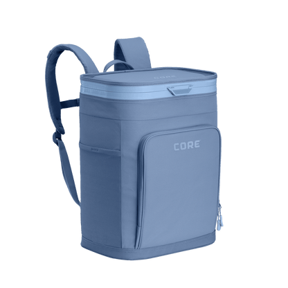 CORE Flipback 26 can backpack cooler side view in steel blue with a shoulder strap.