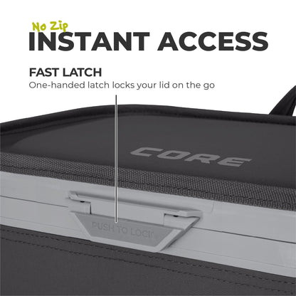 Close up of fast latch lid on Flipback charcoal 26 can cooler. [color:charcoal]